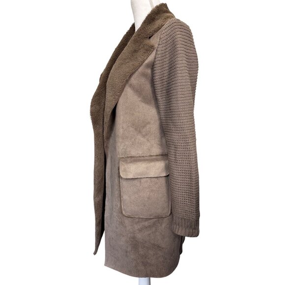 Anthropologie Sweaters - Anthropologie Womens M Taupe Faux Suede & Knit Long Coat W/Faux Shearling Collar